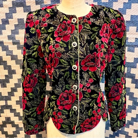 VINTAGE 80s velvet rose waistcoat bodice jacket blazer Victorian gothic floral - Picture 11 of 15
